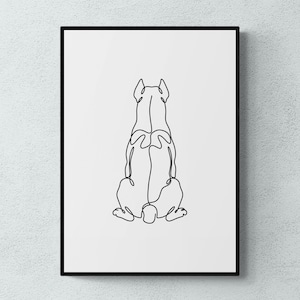 Könnte beinhalten: Schwarz gerahmter Druck mit einer minimalistischen Strichzeichnung eines Hundes von hinten. Das Kunstwerk verwendet eine durchgehende Linie, um die Form des Hundes in einem einfachen, modernen Stil darzustellen. Der Hund sitzt, Ohren und Schwanz sind sichtbar.