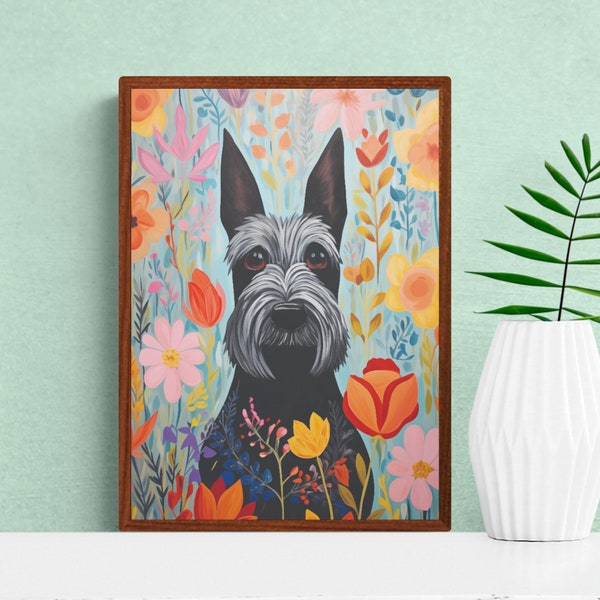 Art mural pour chien Terrier écossais, art abstrait fantaisiste audacieux, affiche animale imprimée à motif de fleurs colorées | Téléchargement numérique imprimable