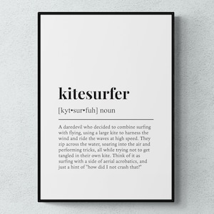 Impresión de arte de pared con definición divertida de kitesurfista, regalo para pasatiempo o descarga digital imprimible