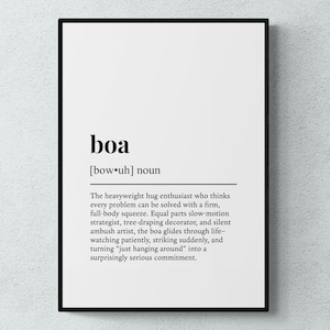 May include: A framed print with the word "boa" in bold black font, followed by a definition. The definition describes a person who solves problems with a firm hug. The print is on a white background.