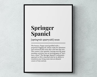 May include: A framed print with the words "Springer Spaniel" in large, bold, black font. Below the title is the phonetic pronunciation and a definition of the breed, describing it as a bouncy, floppy-eared dog.