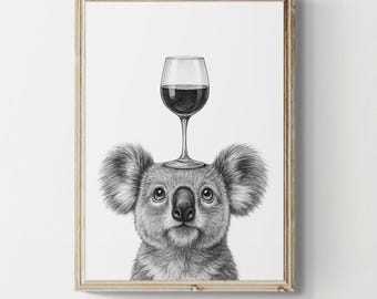 Koala Art Print, Funny Animal and Wine Drawing, Wine Lover Gifts