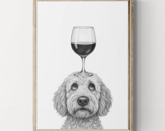 Stampa artistica di un Goldendoodle, divertente disegno di un cane e del vino, regalo per gli amanti del vino / Download digitale stampabile