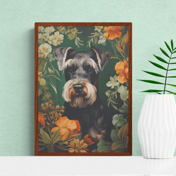 Schnauzer Dog Wall Art, William Morris inspired, Floral Leafy Pattern Print Animal Poster | Printable Digital Download