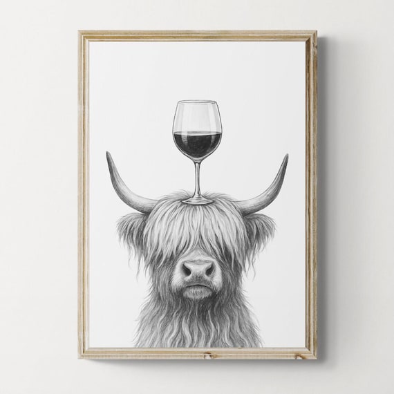 Highland Cow Art Print, Funny Animal and Wine Drawing, Animal Lover Wall Decor, Wine Lovers Gifts
