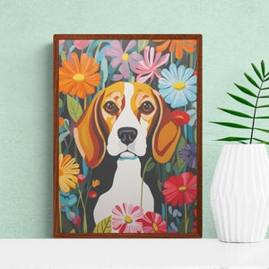Beagle Dog Wall Art, Bold Whimsical Abstract Art, Colourful Flowers Pattern Print Animal Poster | Printable Digital Download