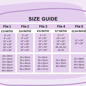 May include: A size guide chart for digital files, showing different aspect ratios and corresponding measurements in inches and centimeters. The chart includes file names, aspect ratios, and measurements in both inches and centimeters.