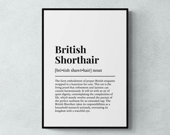 Lámina con la definición del gato British Shorthair, divertida lámina decorativa de gatos para pared, regalo para amantes de los gatos de pelo corto / descarga digital imprimible