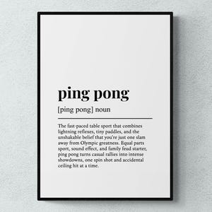 Puede incluir: Un marco negro con la palabra "ping pong" en negro. Debajo, una definici&oacute;n describe el deporte, destacando su ritmo r&aacute;pido, reflejos y rallies intensos. La impresi&oacute;n est&aacute; sobre un fondo blanco.