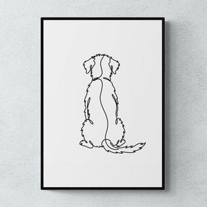 May include: A framed minimalist art print showing a continuous line drawing of a dog from the rear. The artwork is black on a white background, depicting the dog's silhouette and fur texture. The frame is black.