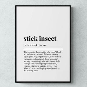 May include: A black-framed print featuring the words "stick insect" in a bold font. The print includes a phonetic pronunciation and a humorous definition of a stick insect, describing its behavior and appearance.