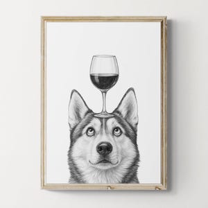 Impresión artística de perro husky siberiano, dibujo divertido de perro y vino, decoración de pared para amantes de los perros, regalos para amantes del vino / Descarga digital imprimible