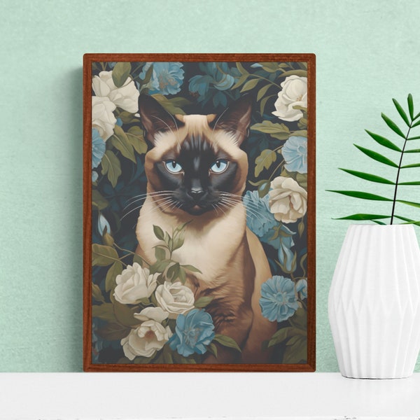 Siamese Cat Wall Art, William Morris inspired, Floral Leafy Pattern Print Animal Poster | Printable Digital Download