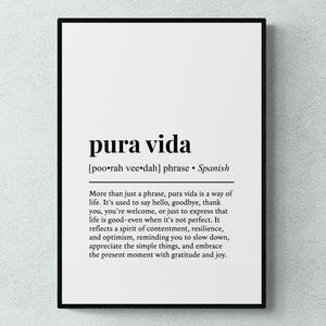 Pura Vida Spanish Definition Spain Gift Wall Art Print | Printable Digital Download