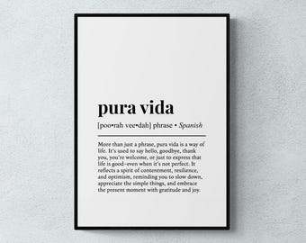 Pura Vida Definition Druck, Spanische Phrase Wandkunst, Positivität Geschenk | Druckbare digitale Datei