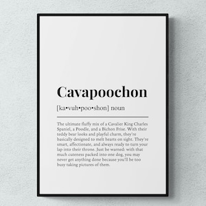 Impressão com a definição de Cavapoochon, arte de parede divertida para cães, presente para Cavalier King Charles Spaniel, Poodle e Bichon Frisé | Download digital para impressão