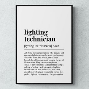 Op de afbeelding: Zwart-witte printbare wandkunst met een definitie van het woord "lichttechnicus". De definitie beschrijft de rol van een lichttechnicus in theaterproducties, concerten, films en evenementen.