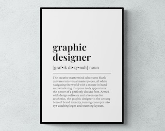 May include: Black and white printable poster with the definition of a graphic designer. The text reads: "graphic designer [graf ik di⚫zy.nuh] noun The creative mastermind who turns blank canvases into visual masterpieces, all while navigating the world with a mouse in hand and wondering if anyone truly appreciates the power of a perfectly chosen font. Armed with design software and a keen eye for aesthetics, the graphic designer is the unsung hero of brand identity, turning concepts into eye-catching logos and stunning layouts."