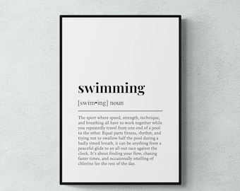 May include: A framed wall art print featuring a dictionary-style definition of the word swimming. The text is printed in black on a white background, including the phonetic spelling, part of speech, and a descriptive paragraph about the sport.