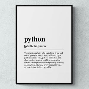 May include: A framed print featuring the word "python" in black, with its phonetic pronunciation and a humorous definition below. The print has a white background and a black frame, suitable for a modern home.