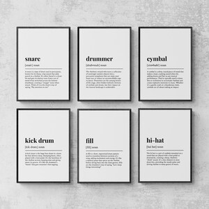 May include: Six black and white printable posters with definitions of common drum terms. The terms are snare, drummer, cymbal, kick drum, fill, and hi-hat.