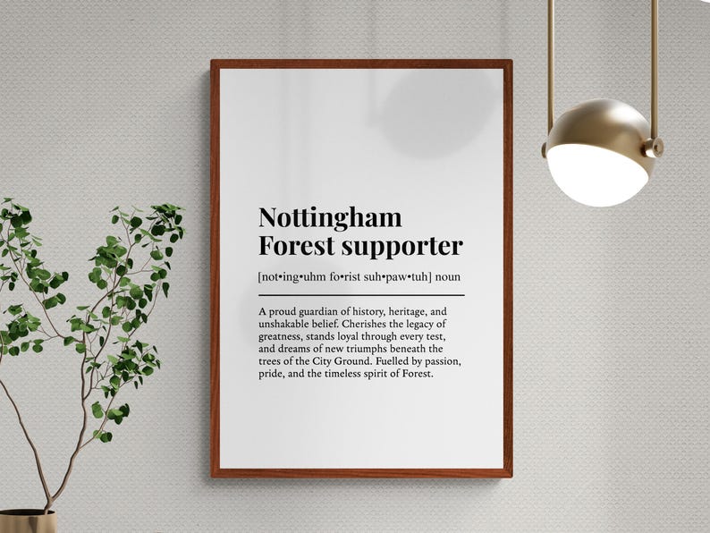 May include: A framed print with the text "Nottingham Forest supporter" in black font. The print includes a definition and description of a supporter. The frame is brown, and the background is white.