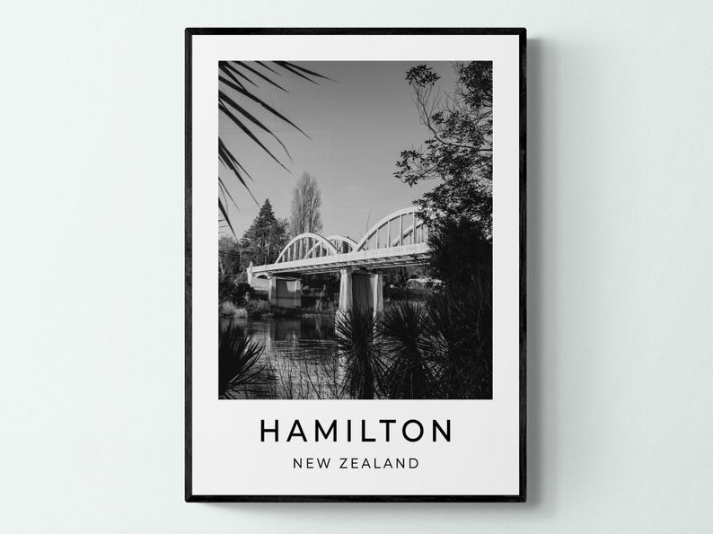 Hamilton Print, New Zealand Travel Poster, Black and White Monochrome