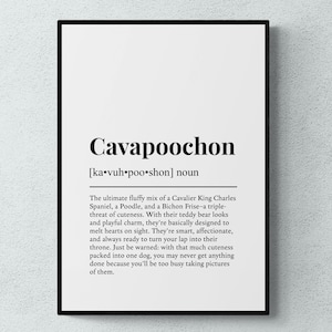 May include: Black framed print with the word "Cavapoochon" in a bold font. Below the word is the phonetic pronunciation and a definition describing the mix of a Cavalier King Charles Spaniel, a Poodle, and a Bichon Frise.