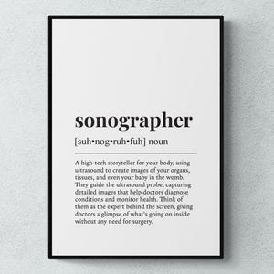 Könnte beinhalten: Schwarz-weiße druckbare Definition des Wortes "Sonograph" mit der phonetischen Aussprache und einer Beschreibung des Berufs.