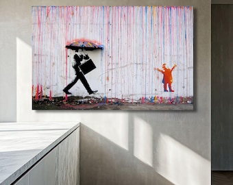 Impression Sur Toile Banksy – Pluie Colorée – Art Mural Prêt à Accrocher