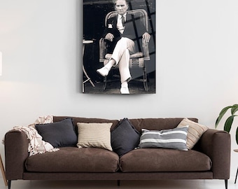 Tempered Glass Charismatic Ataturk Portrait Glass Wall Painting Home Office Wall Decor Housewarming Gift Father of Turks Glass Wall Art