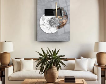 Dipinto su vetro temperato, decorazione da parete astratta, decorazione da parete per la casa, pianeta, forme geometriche, pronto da appendere, regalo di inaugurazione della casa