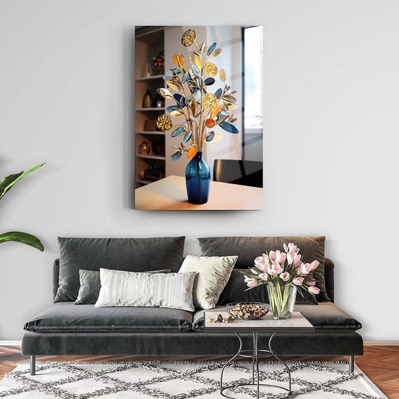 Tableau Moderne En Verre Trempé - Décor Mural Floral Abstrait Bleu - Taille Sur Mesure