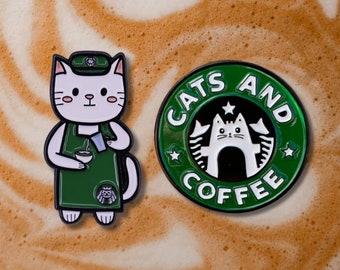 Cats & Coffee Enamel Pin Set, Cat Pin, Coffee Pin