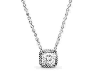 Pandora Square Silver Halo Necklace Timeless Beauty: 45cm Chain Length Square Pendant Necklace with Sparkling Halo - Elegance Gift for Her