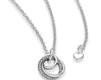 Pandora Silver Family New Encircled Pendant Necklace Cherish Eternal Connections with Pandora Crown O Monogram Chain: Adjustable 60cm Length