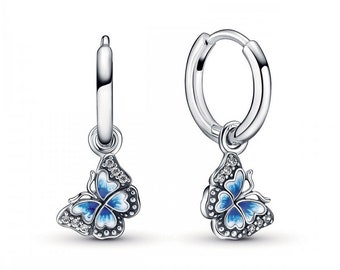 Blue Butterfly Silver Pandora Hoop Earrings Popular Ladies' Silver Jewellery Collection: Butterfly Dangle Earrings with Gift Pouch 290778C01