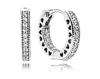 Pandora Pavé Heart Sterling Silver Hoop Earrings Elegance Trendy Women's Jewellery with Small Rhinestone Cut-Out Hearts , Affordable Item