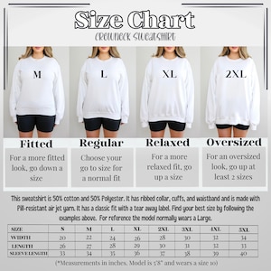 May include: Size chart for a crewneck sweatshirt with five different fit options: fitted, regular, relaxed, oversized, and extra-large. The chart shows measurements in inches for width, length, and sleeve length for sizes S through 5XL. The model is 5'8" and wears a size 10.