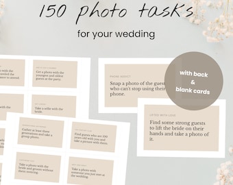 英語で書かれた 150 の結婚式の写真タスクと裏面のデザイン + 印刷用の PDF 形式の空白カード / 結婚式ゲーム / 写真ゲストブック