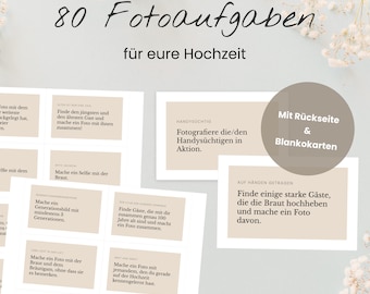 80 Fotoaufgaben zur Hochzeit mit Rückseite + Blankokarten als PDF zum Ausdrucken / Fotospiel / Hochzeitsspiel / Polaroidgästebuch
