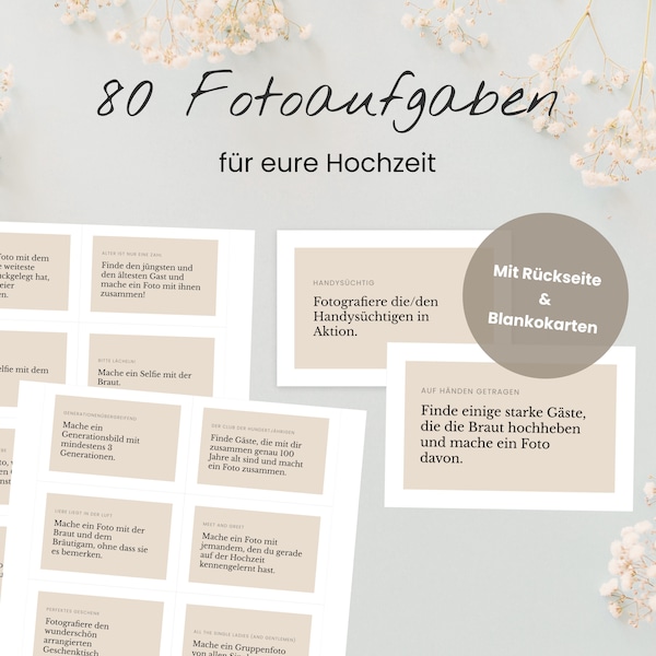 80 Fotoaufgaben zur Hochzeit mit Rückseite + Blankokarten als PDF zum Ausdrucken / Fotospiel / Hochzeitsspiel / Polaroidgästebuch