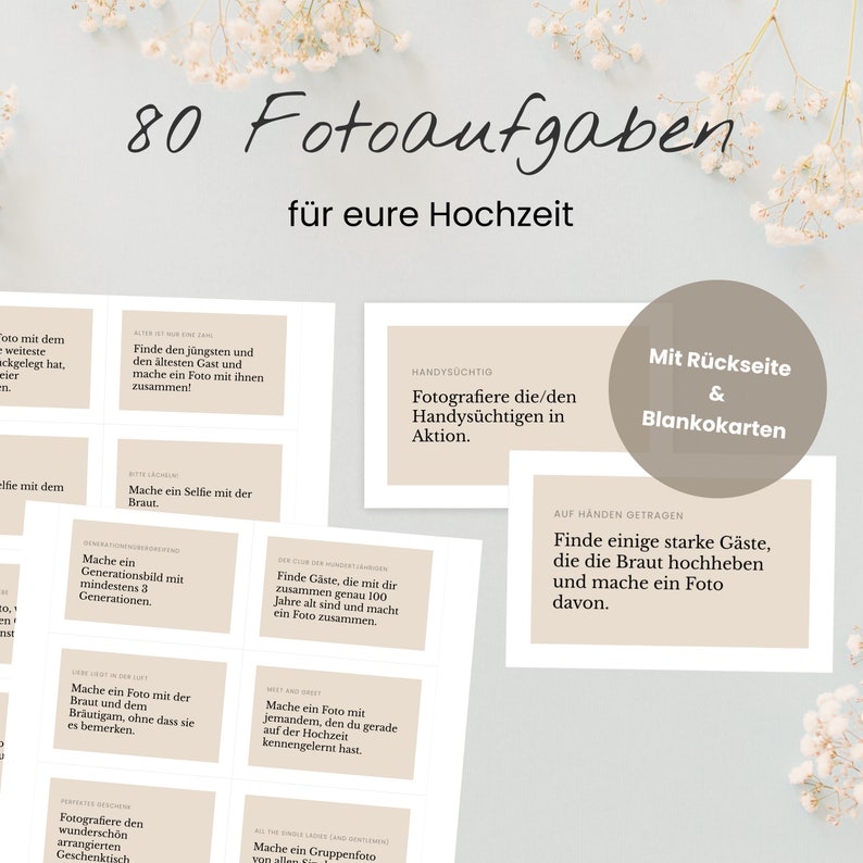 80 Fotoaufgaben zur Hochzeit mit Rückseite + Blankokarten als PDF zum Ausdrucken / Fotospiel / Hochzeitsspiel / Polaroidgästebuch image 1