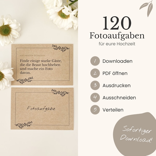 120 Fotoaufgaben zur Hochzeit mit Rückseite + Blankokarten als PDF zum Ausdrucken / schwarz-weiß Design / Hochzeitsspiel / Fotogästebuch