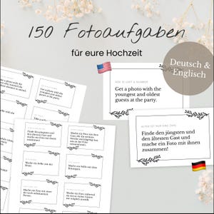 May include: A set of 150 printable photo challenge cards for a wedding. The cards are in English and German. The cards feature a variety of photo challenges, such as taking a selfie with the bride and groom, finding the youngest and oldest guests, and taking a photo with someone you don't know.