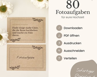 80 Fotoaufgaben zur Hochzeit mit Rückseite + Blankokarten als PDF zum Ausdrucken / schwarz-weiß Design/ Fotospiel / Hochzeitsspiel