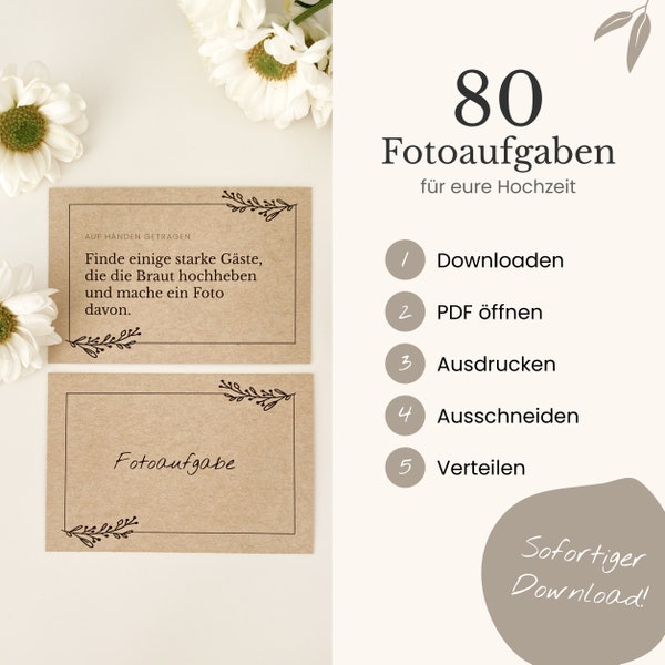 80 Fotoaufgaben zur Hochzeit mit Rückseite + Blankokarten als PDF zum Ausdrucken / schwarz-weiß Design/ Fotospiel / Hochzeitsspiel