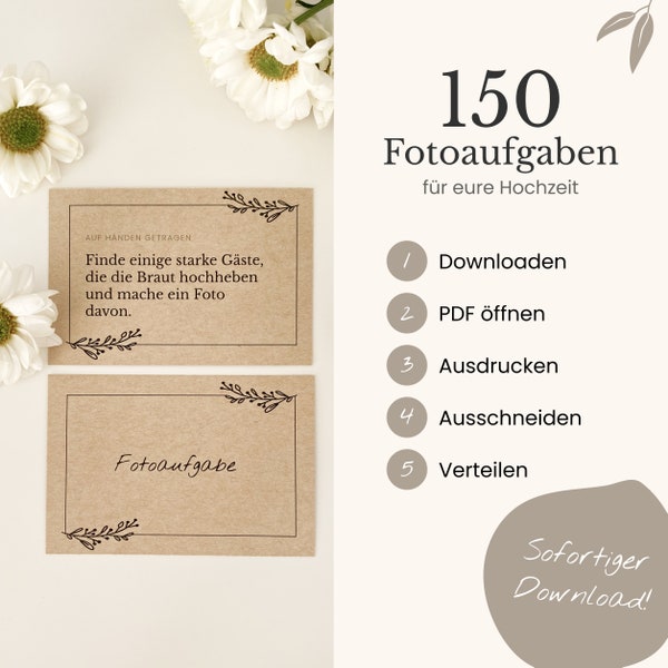 150 Fotoaufgaben zur Hochzeit mit Rückseite + Blankokarten als PDF zum Ausdrucken / schwarz-weiß Design / Hochzeitsspiel / Fotogästebuch