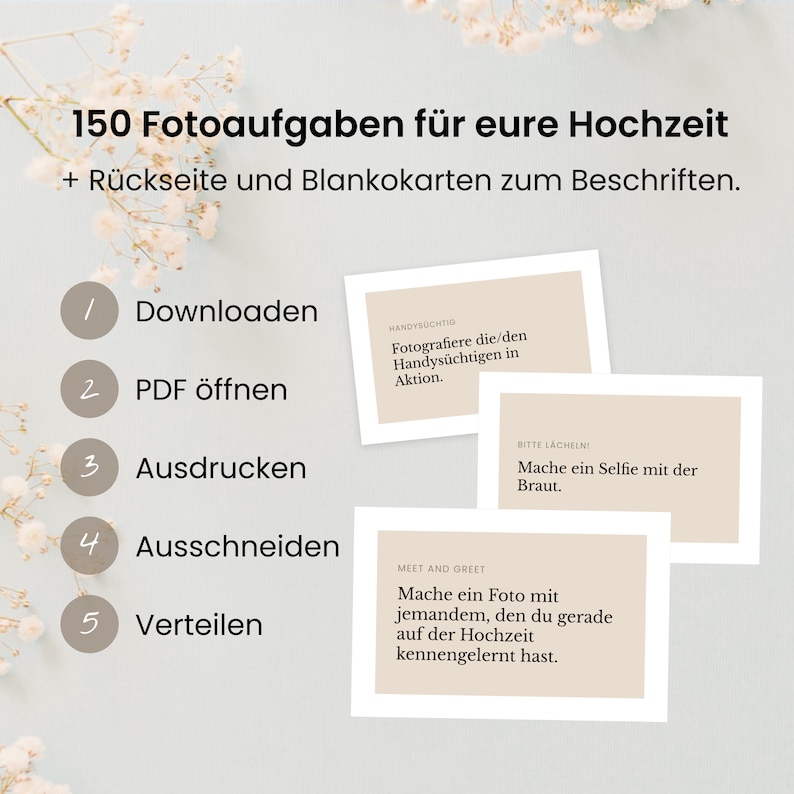150 Fotoaufgaben zur Hochzeit mit Rückseite Blankokarten als PDF zum