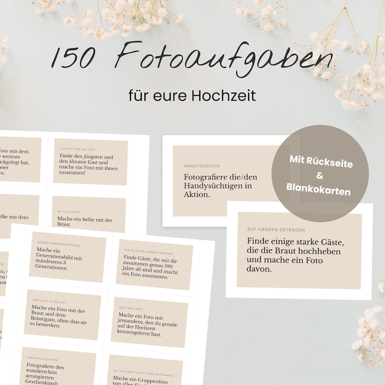 150 Fotoaufgaben zur Hochzeit mit Rückseiten + Blankokarten als PDF zum Ausdrucken | Hochzeitsspiel | Fotogästebuch image 1